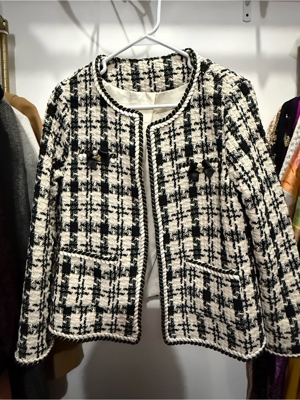 Black & White Tweed Cropped Blazer - Women's Jacket